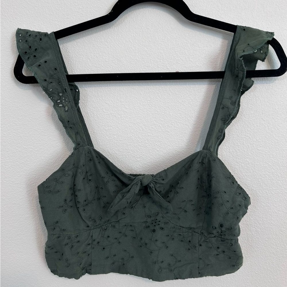 Bershka - green eyelet tie top with ruffled straps.